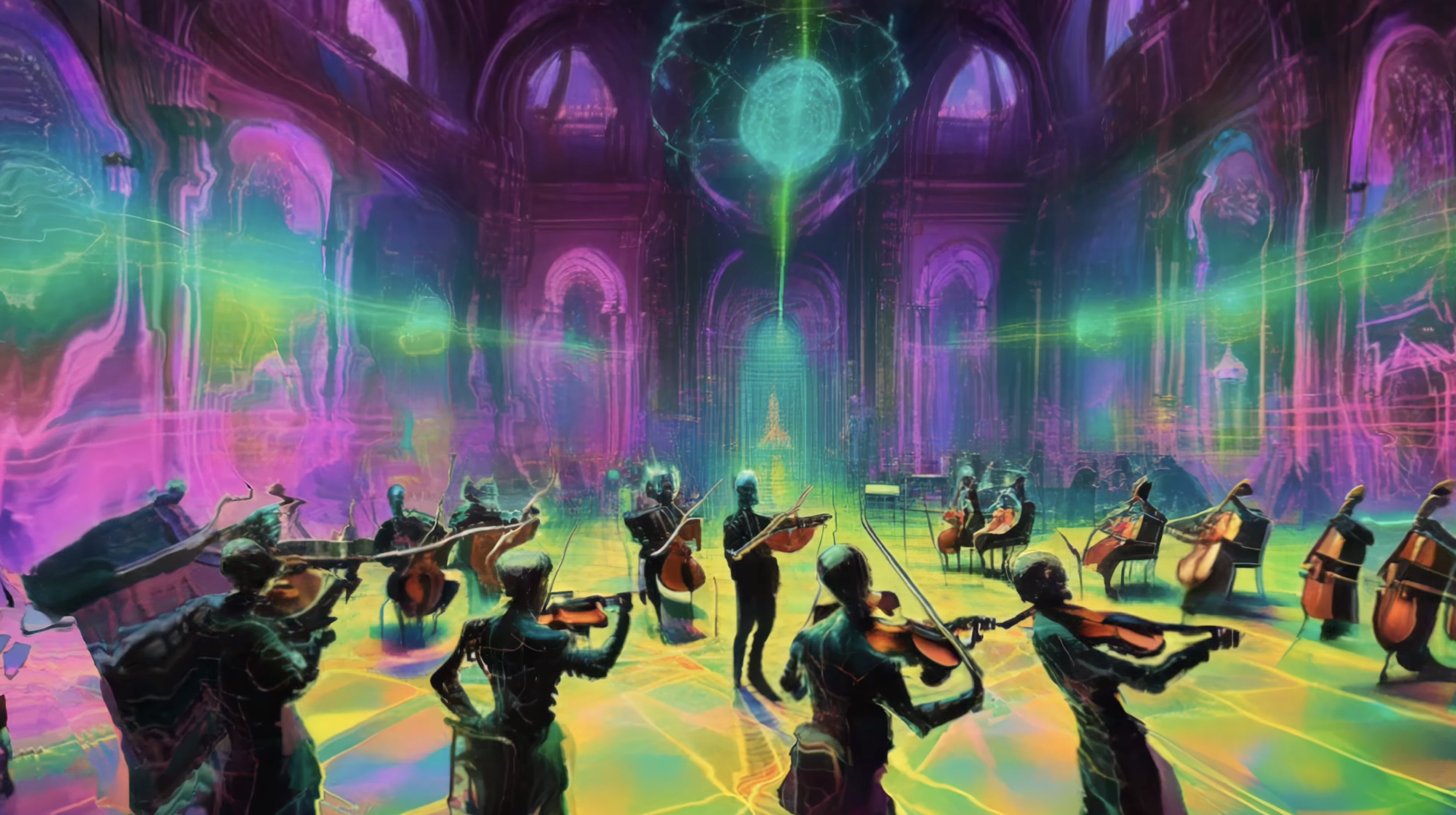 Ethereal, skeletal alien figures dancing among giant, glowing bioluminescent mushrooms in a cosmic cave.